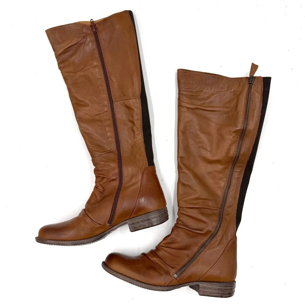 Miz Mooz LORE Leather Boots Tan Brown Brandy Knee High Flat Size 7.5 Women's‎